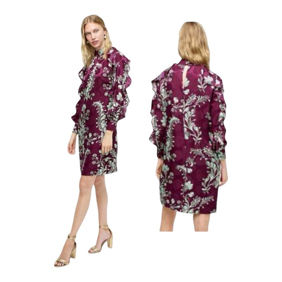 J. Crew Collection Silk Ruffle Sleeve High-Neck Dress Purple Floral Size 4 NWT - Picture 3 of 16